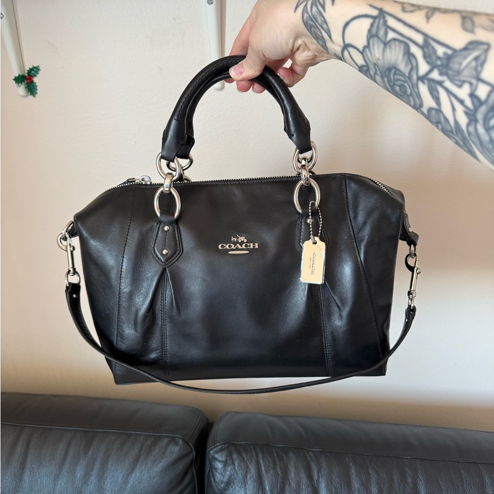 Coach Black Leather Satchel with Top Handles and Removable Strap